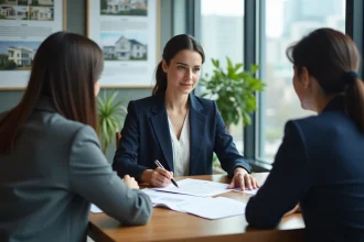 Conseillère immobilière iad expliquant les frais d'agence à un couple lors d'une réunion en agence
