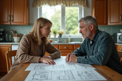 Frère et sœur discutant d'un partage de maison familiale autour de documents notariaux sur une table en bois
