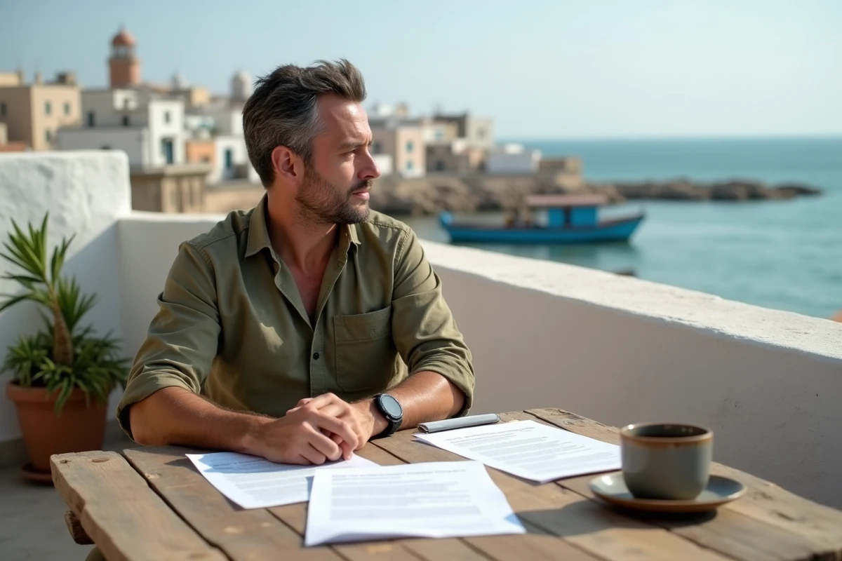 Locataire étudiant un dossier de garantie locative sur une terrasse avec vue sur le port d'Essaouira