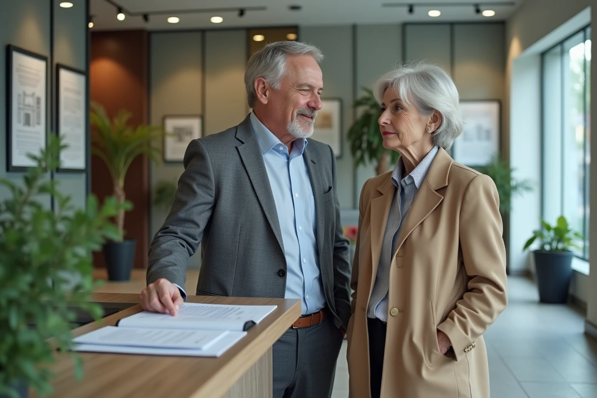 Gestionnaire immobilier et propriétaire discutant du versement de loyer dans le hall d'une agence immobilière