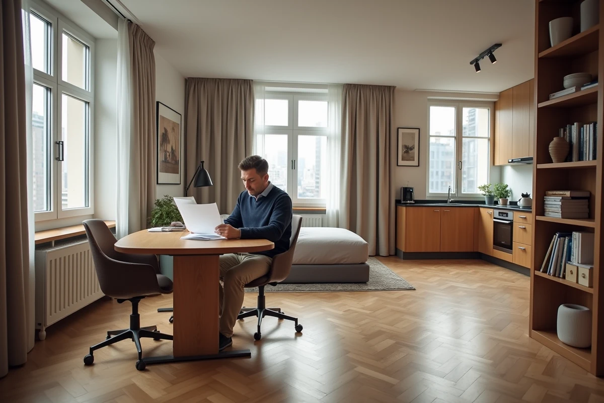 Homme au bureau dans un grand studio spacieux avec parquet et grandes fenêtres, comparant des documents financiers