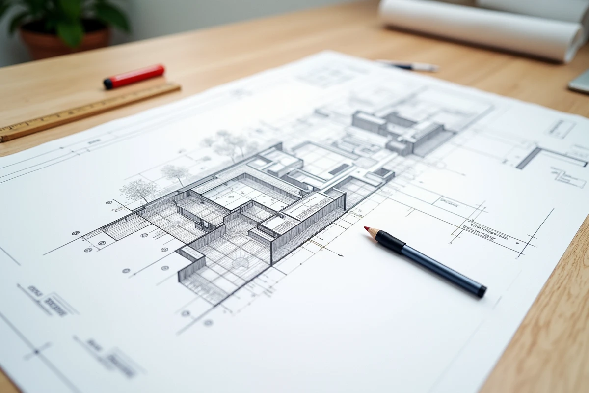 Gros plan d'un plan en coupe technique de terrain et de construction avec annotations de normes d'urbanisme