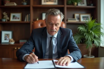 Homme d'affaires en costume lisant des documents dans un bureau moderne