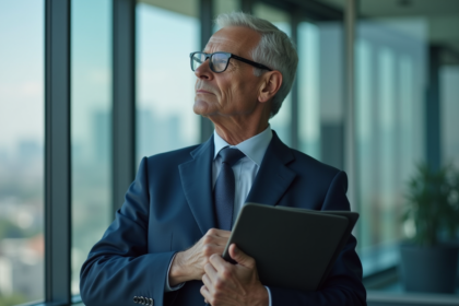 Homme d'affaires en costume regardant par la fenêtre