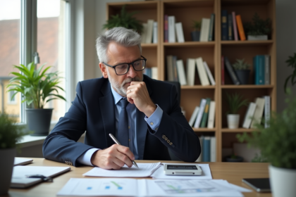 Homme d'affaires en costume dans un bureau moderne avec papiers