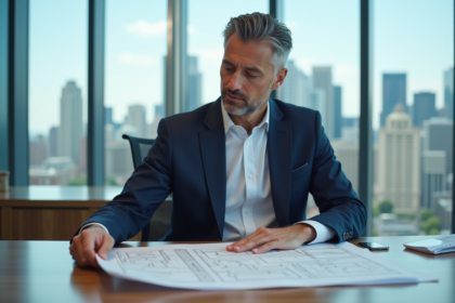 Homme d'affaires en costume examinant plans architecturaux