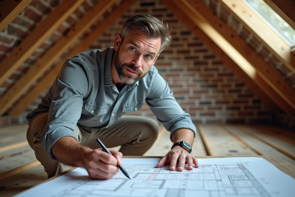Homme dessinant un plan dans un grenier avec poutres apparentes