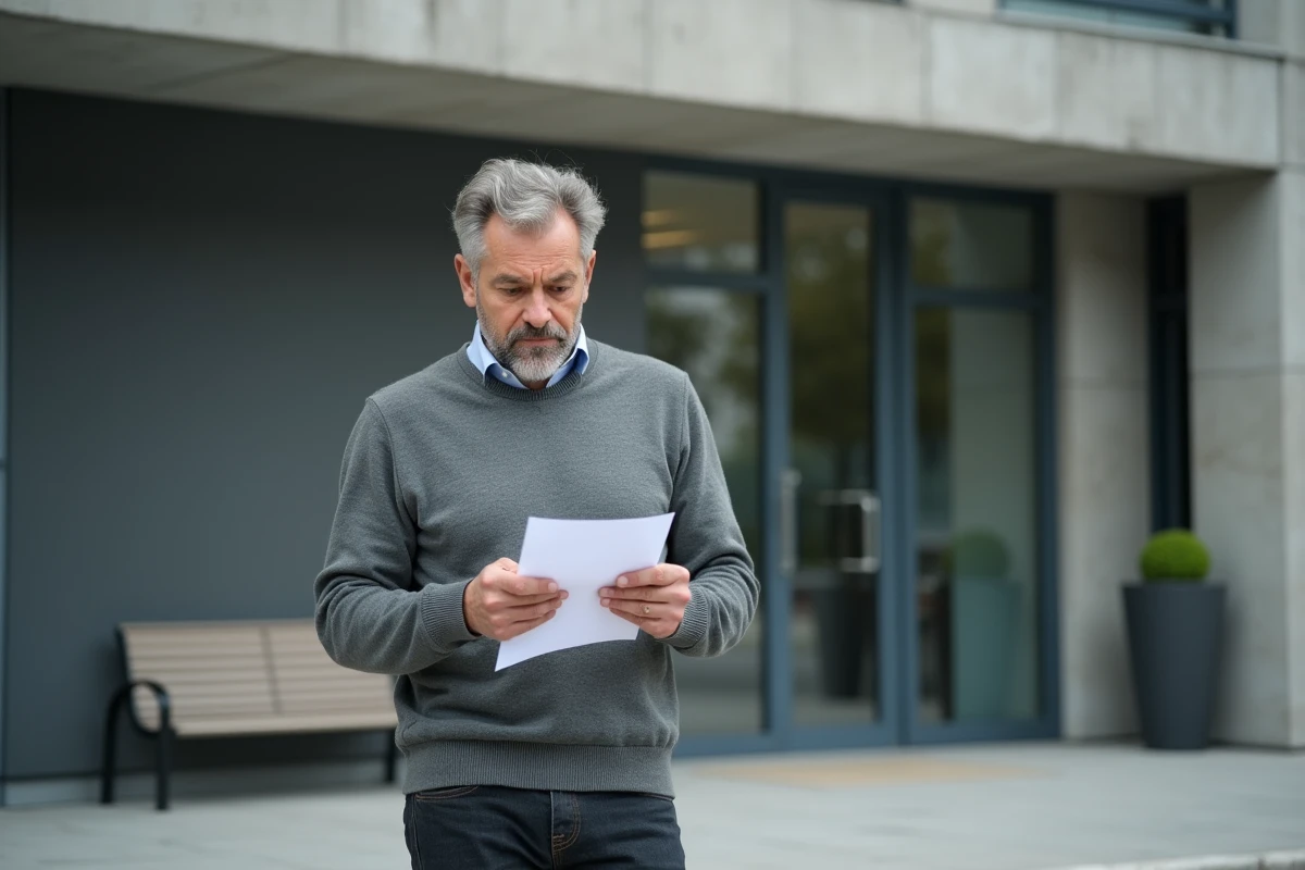 Homme attendant une réponse de la commission d'attribution de logement devant un immeuble HLM