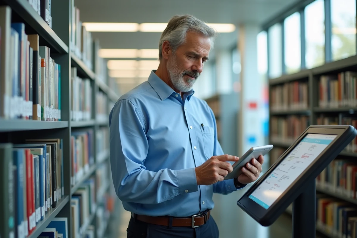 Homme lisant sur une tablette dans une bibliothèque lumineuse