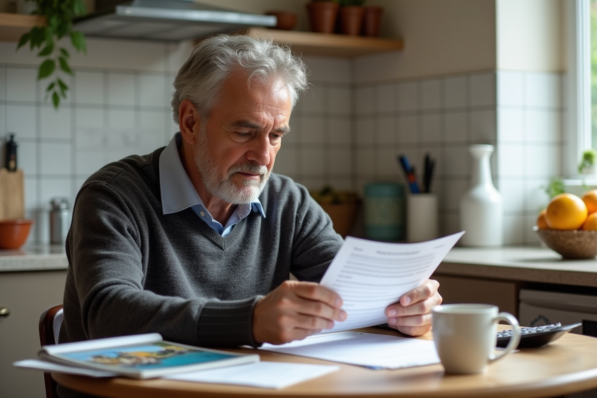 Homme d age comparant formulaires fiscaux dans la cuisine
