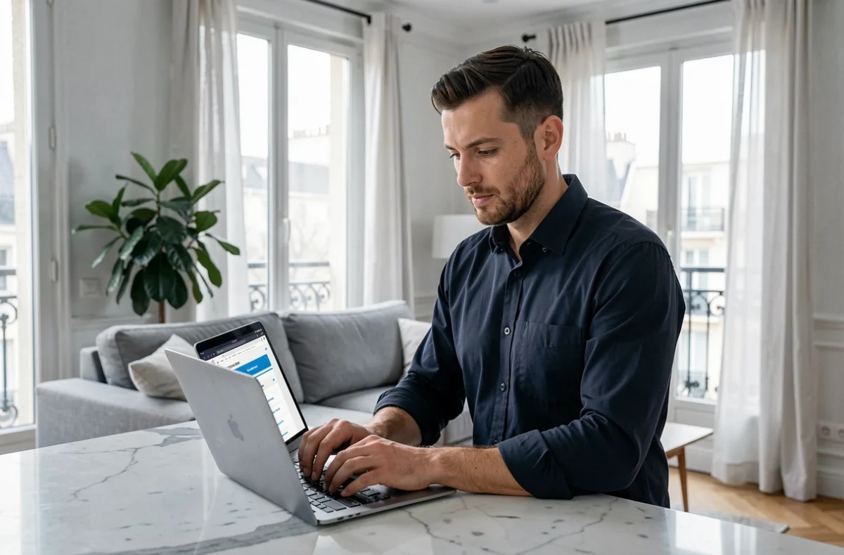 Homme comparant des offres d'assurance habitation sur un ordinateur portable dans son salon