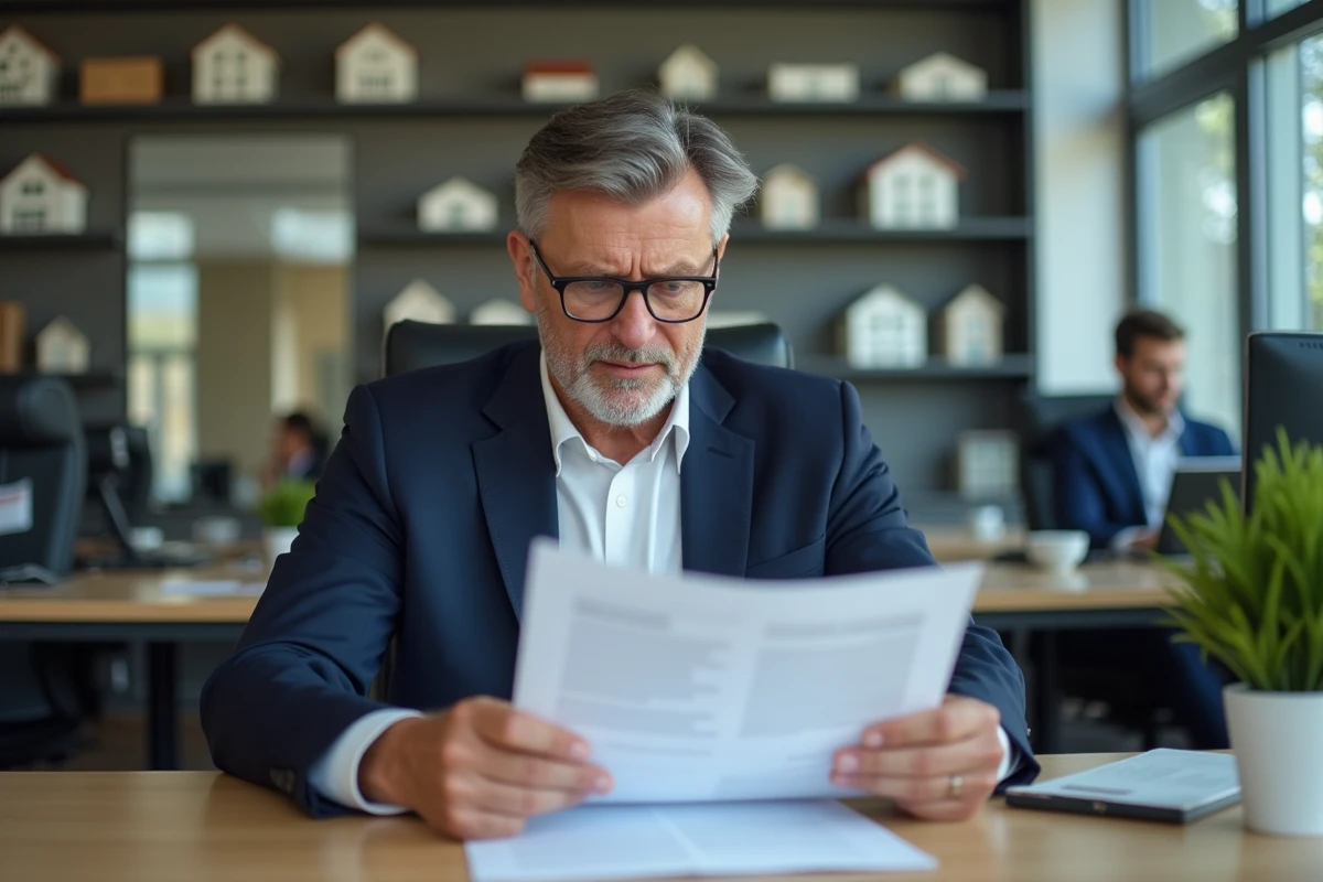 Homme d'âge moyen en costume bleu examinant un contrat immobilier