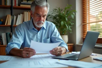 Homme consultant des documents administratifs liés à une déclaration de fin de travaux non déposée, assis à un bureau avec plans et ordinateur