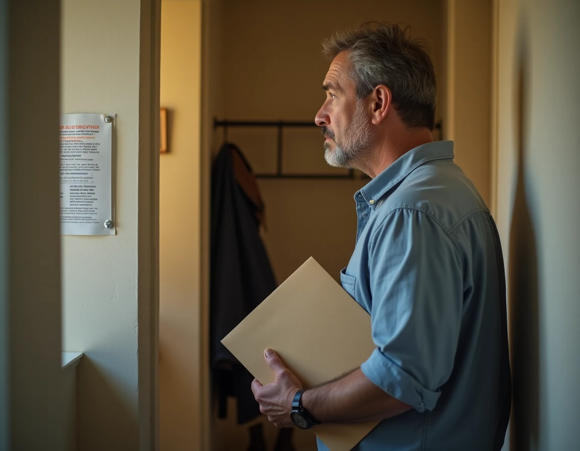 Homme seul consultant un avis d'éligibilité au logement Cileo dans le couloir de son appartement