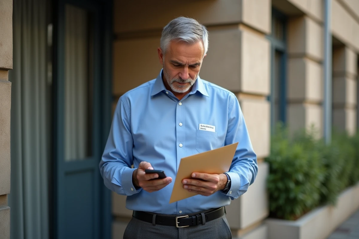 Homme avec enveloppe devant une entrée d