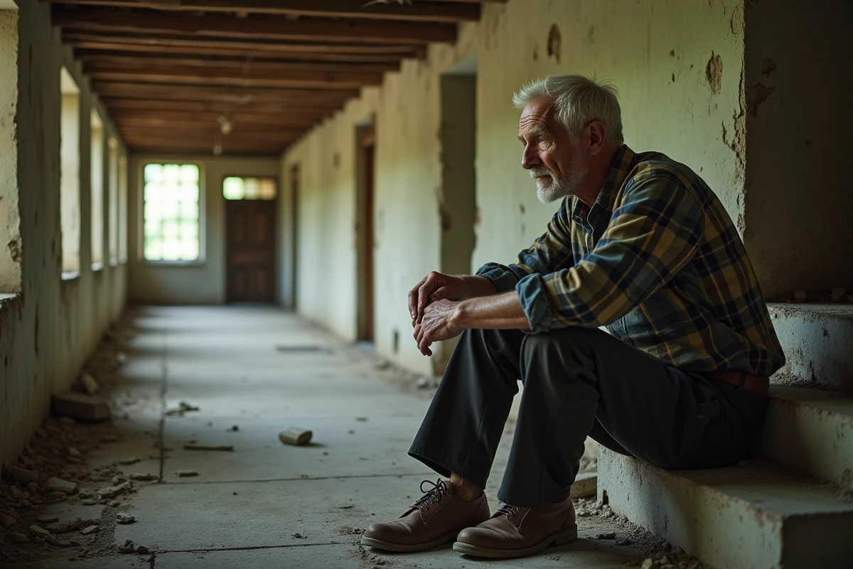 Homme age assis dans escalier d une maison en ruine