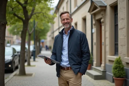 Homme souriant examine la façade d'une maison provinciale