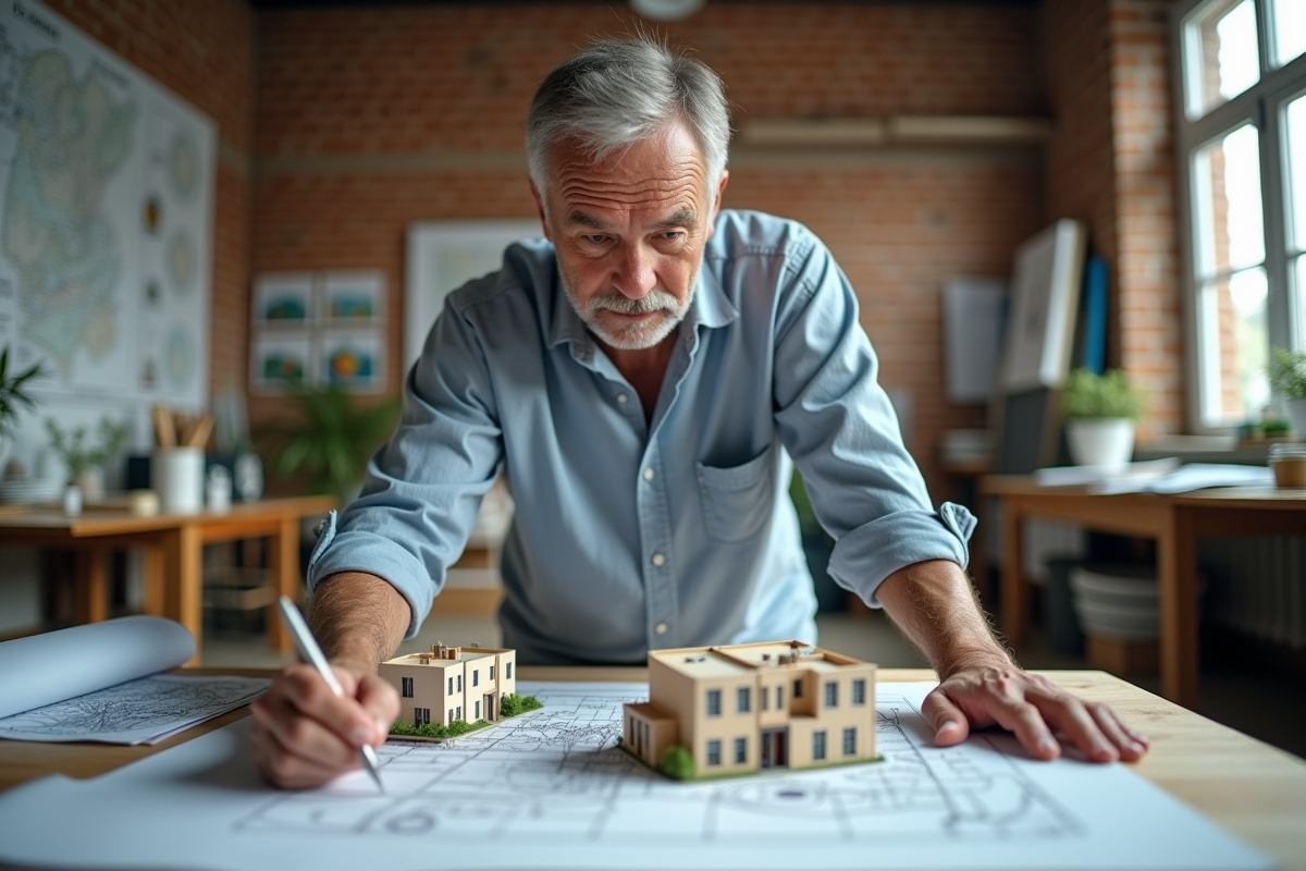 Homme mature analysant un modèle immobilier dans un studio d