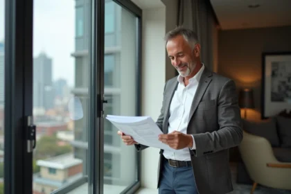 Homme d'âge moyen dans un intérieur moderne examinant des documents immobiliers
