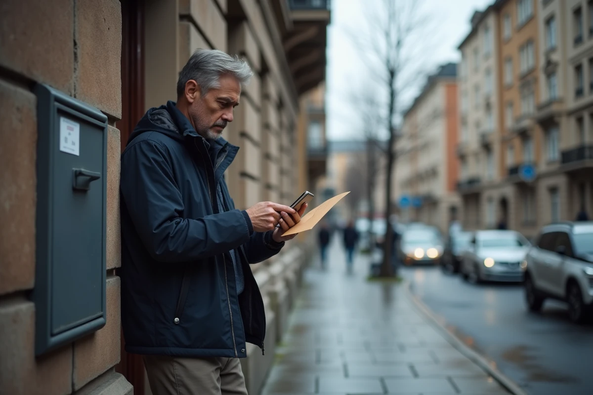 Homme tenant une lettre de préavis devant une boîte aux lettres d'immeuble, illustrant l'importance du respect des délais pour annuler un préavis de location