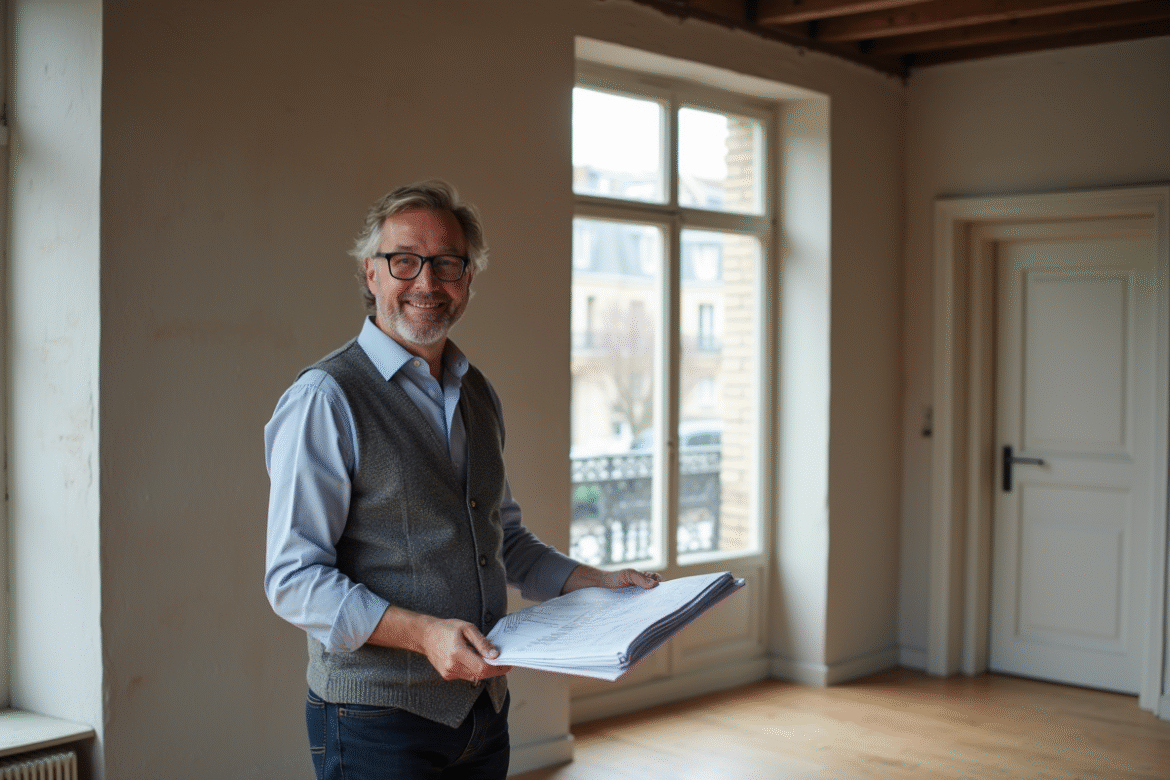 Homme d'âge moyen souriant avec plans dans un appartement rénové