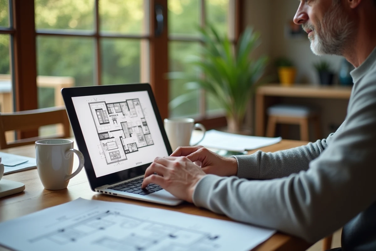 Homme examinant un plan numérique dans une cuisine chaleureuse