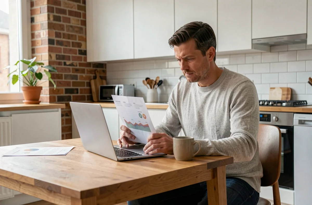 Homme consultant une simulation de prêt immobilier sur ordinateur depuis son domicile
