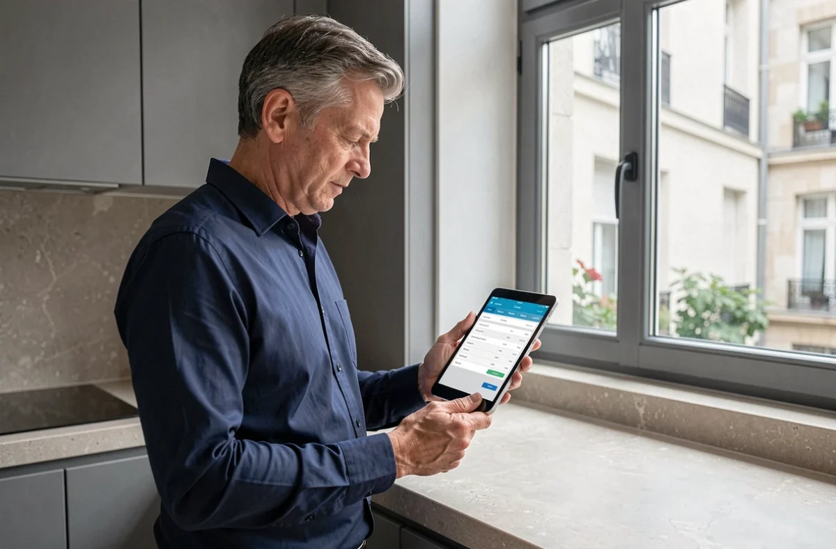 Homme consultant les documents de copropriété sur une tablette numérique dans une cuisine moderne