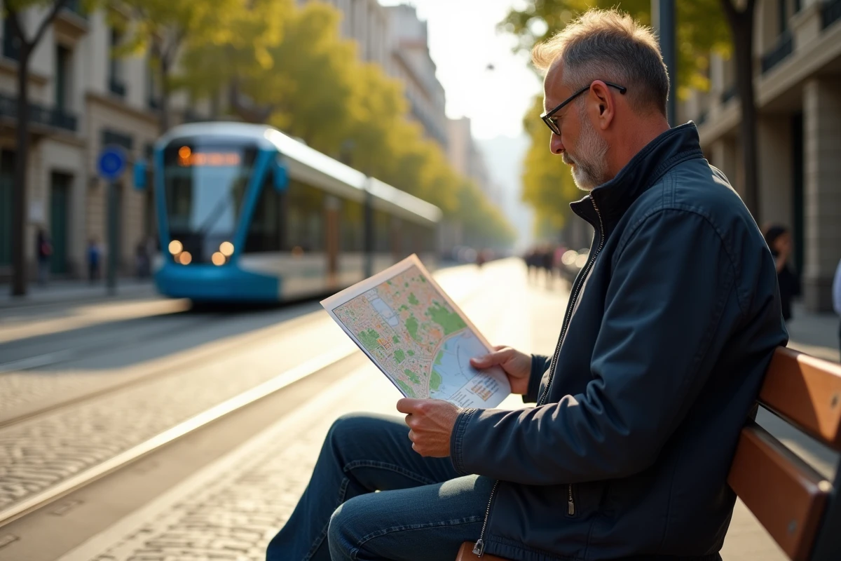 Homme étudiant une carte de quartier assis près d'un arrêt de tramway à Barcelone en journée
