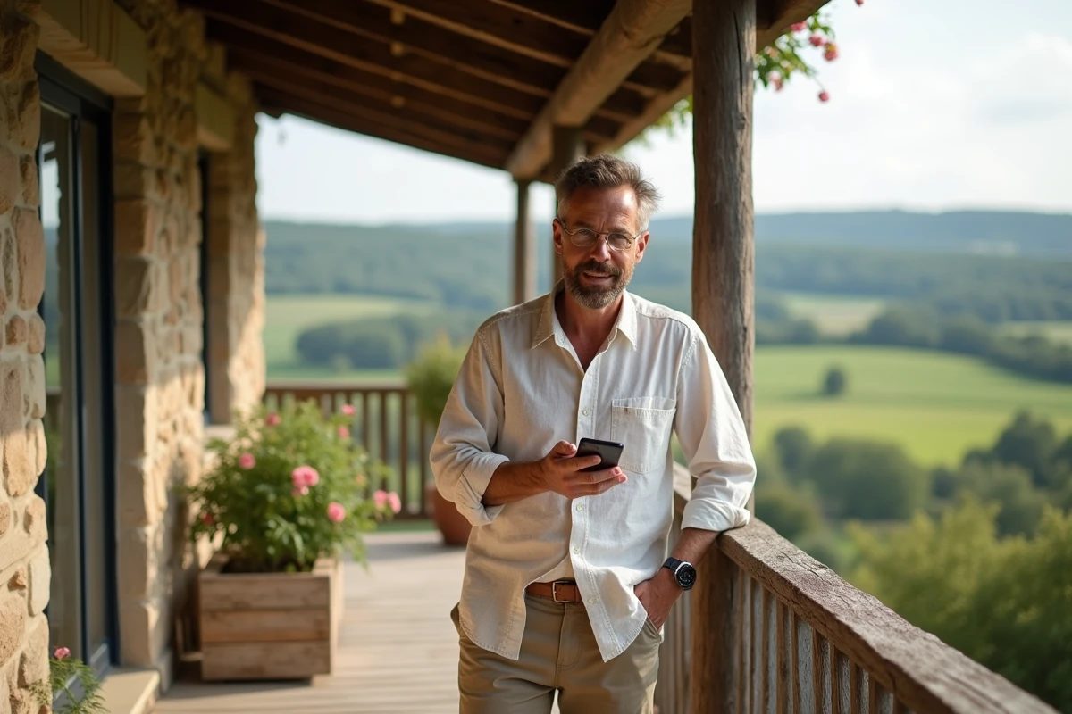 Homme avec smartphone sur veranda d un gite rural