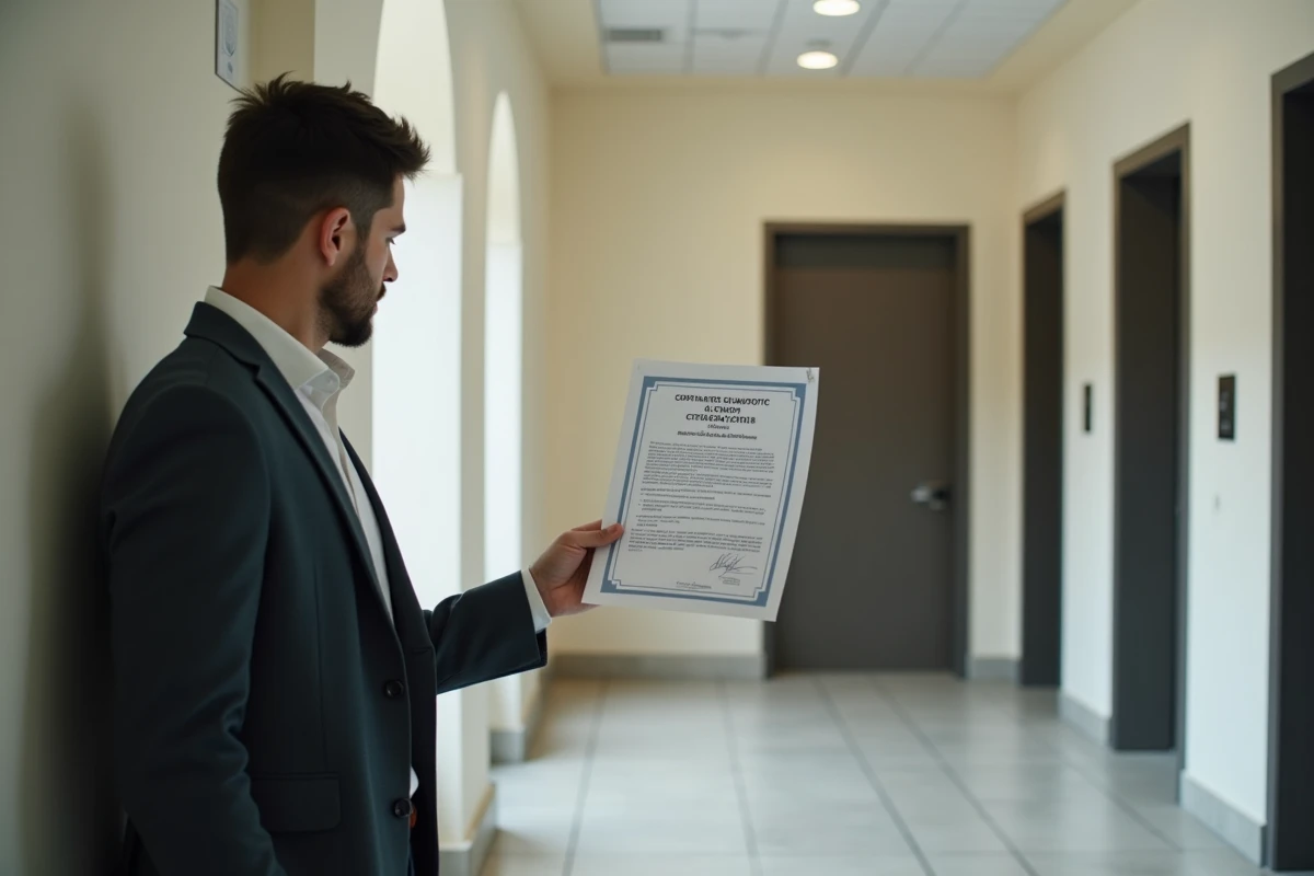 Jeune homme examinant un certificat dans le hall