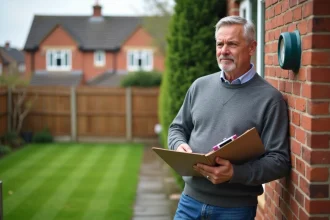 Homme d'âge moyen vérifiant un compteur d'eau dans son jardin
