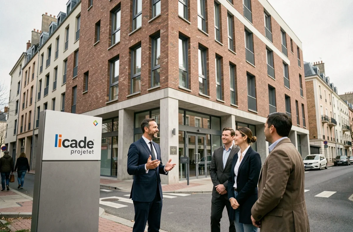 Agent immobilier Icade présentant un immeuble mixte résidentiel dans le Calvados