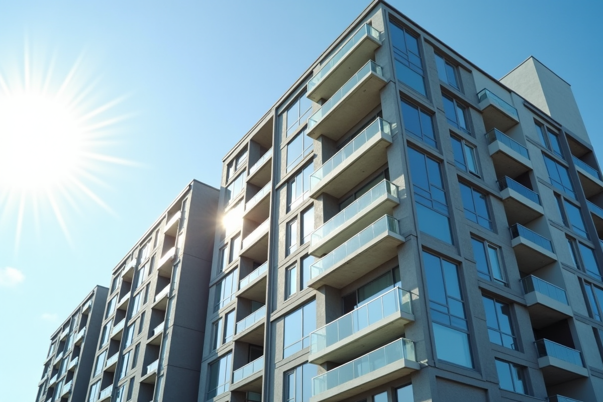 Façade d un immeuble neuf avec caractéristiques écologiques