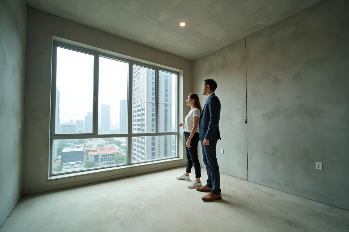 Couple inspectant un appartement non meublé à Bangkok avant l'achat d'un condo