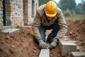 Ouvrier inspectant une fissure sur les fondations d'une maison ancienne lors d'une reprise en sous-œuvre
