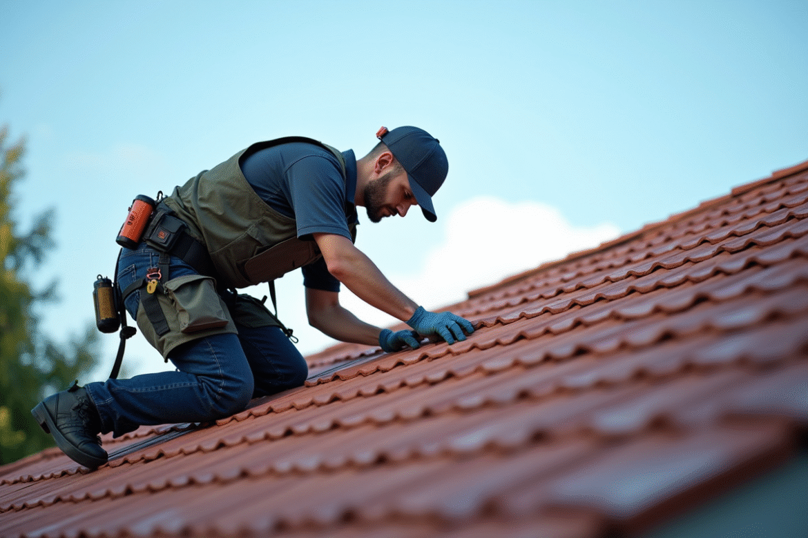 Couvreur professionnel inspectant un toit moderne en tuiles sous le soleil