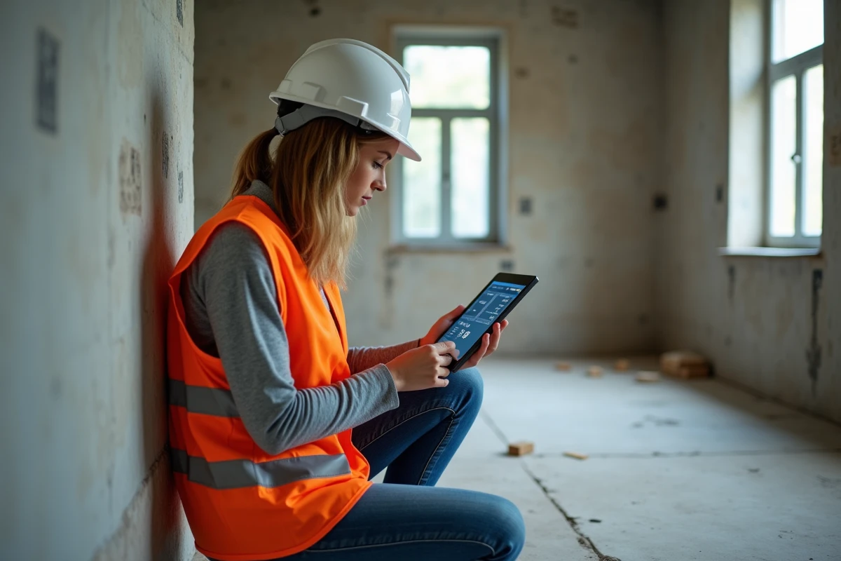 Inspectrice immobilière utilisant un logiciel de diagnostic amiante et plomb sur tablette dans un appartement en rénovation