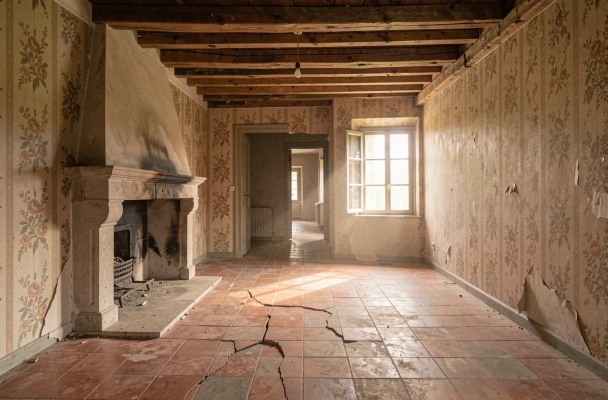 Intérieur abandonné d'une maison ancienne en France à rénover, sol en tomettes et cheminée en pierre typiques du patrimoine rural