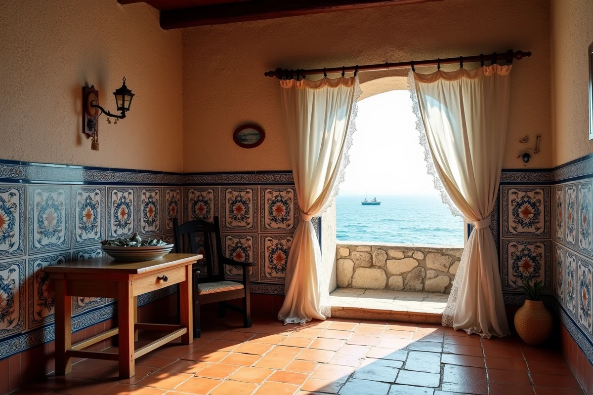 Intérieur rustique d'une maison de pêcheur portugaise avec carrelage azulejo, sol en terre cuite et filets de pêche suspendus à la poutre en bois