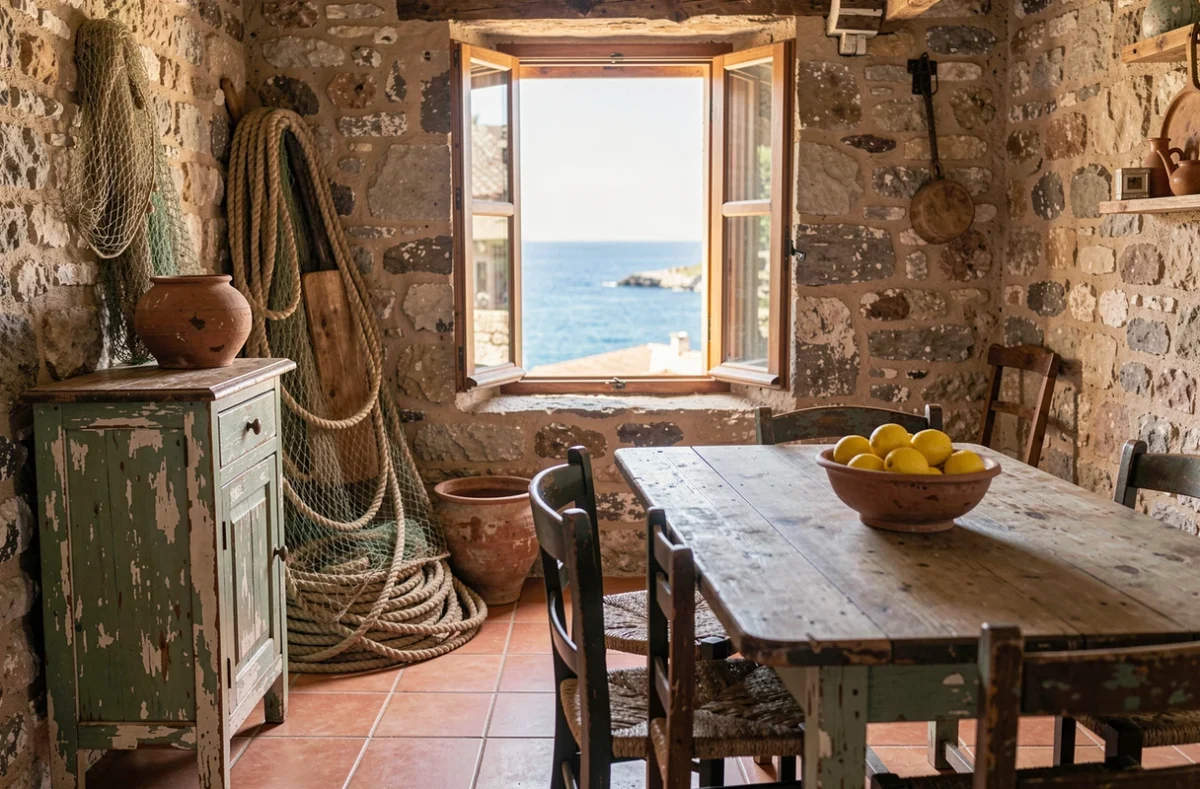 Intérieur authentique d'une maison de pêcheur méditerranéenne avec vue sur la mer depuis la fenêtre