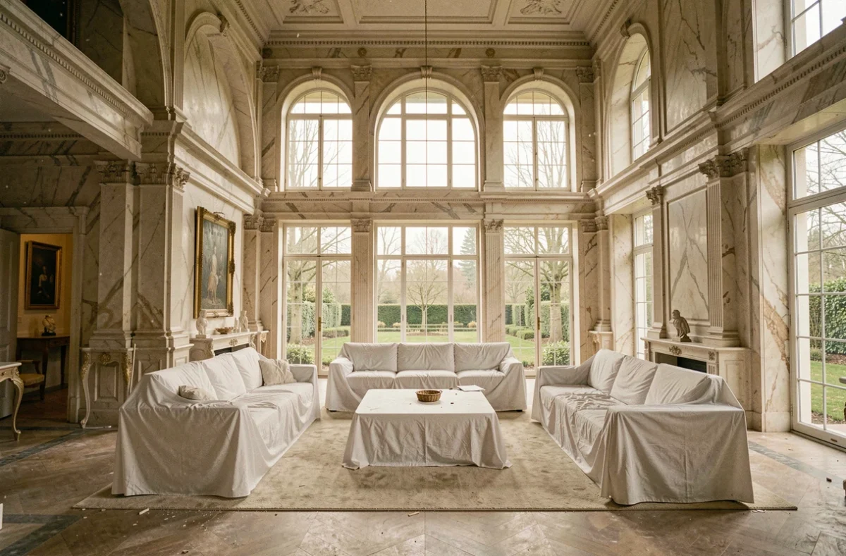 Grand salon luxueux et vide d'une propriété d'exception avec meubles recouverts de housses blanches et hauts plafonds en marbre