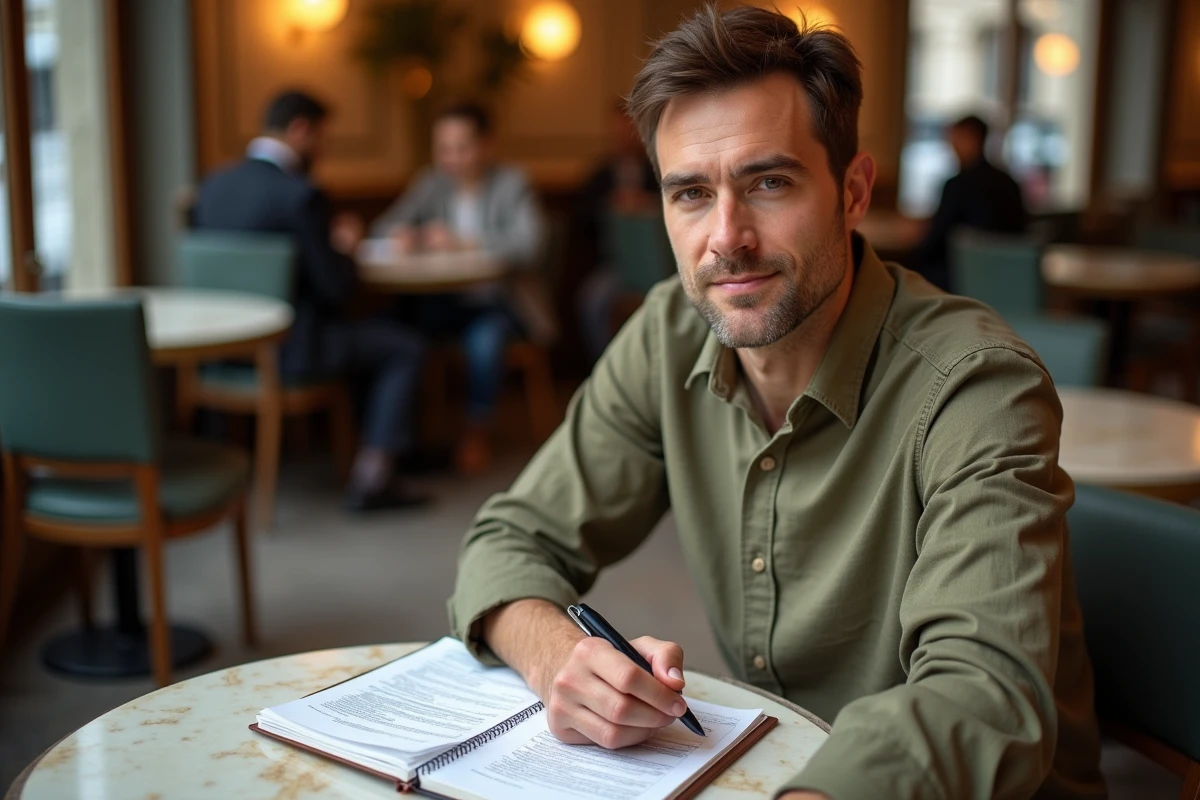 Investisseur célibataire planifiant la création de sa SCI seul dans un café parisien avec une checklist manuscrite