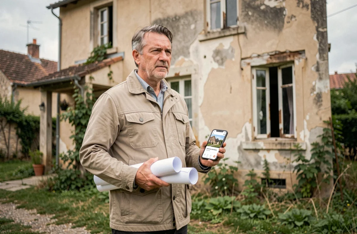 Homme investisseur immobilier devant une maison délabrée à rénover en France, projet d'achat sans apport