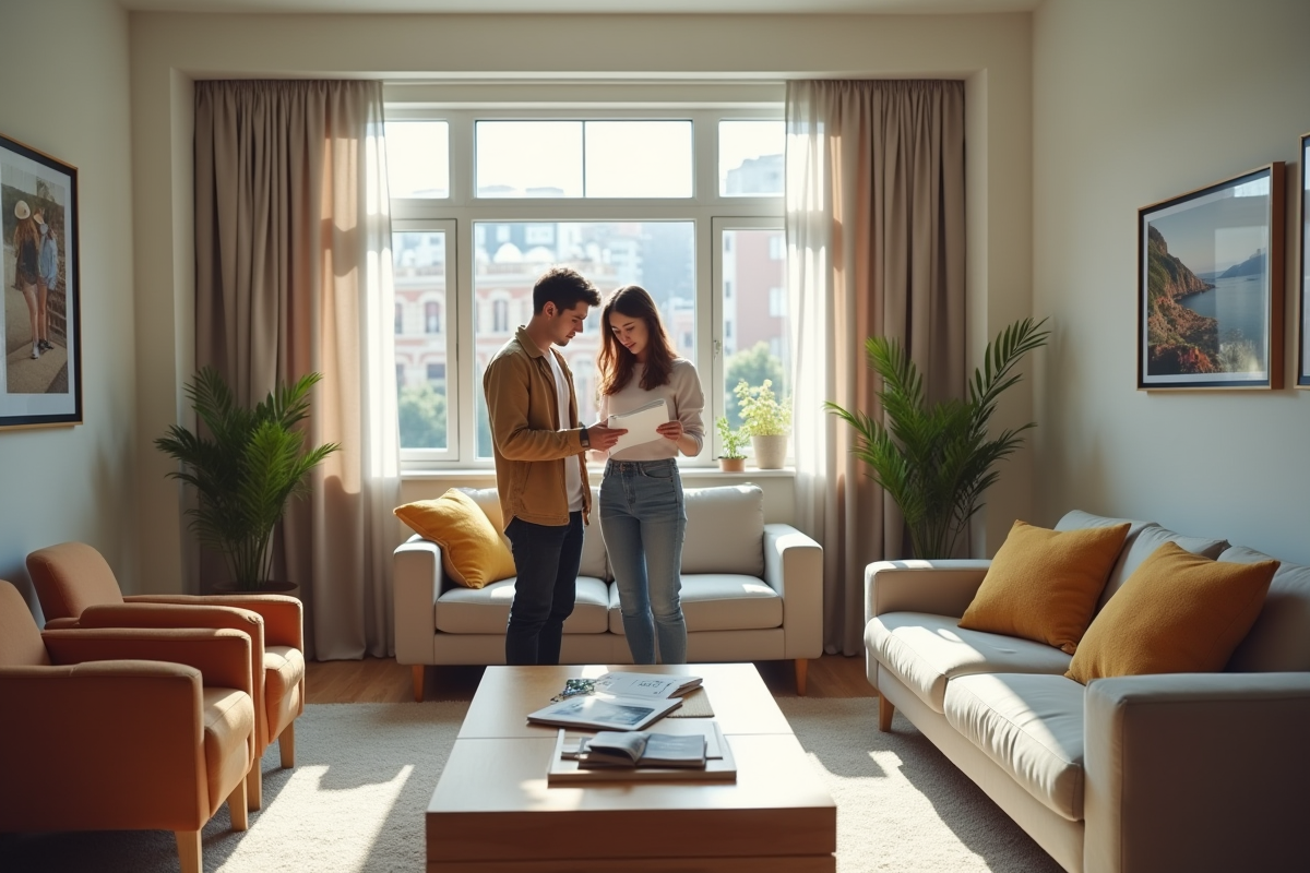 Jeune couple examinant une checklist de location dans un salon lumineux