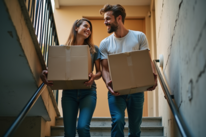 Jeune couple souriant portant des cartons dans un escalier urbain