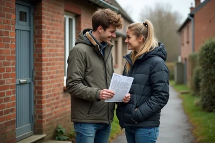 Jeune couple devant une maison en Normandie avec annonce de location
