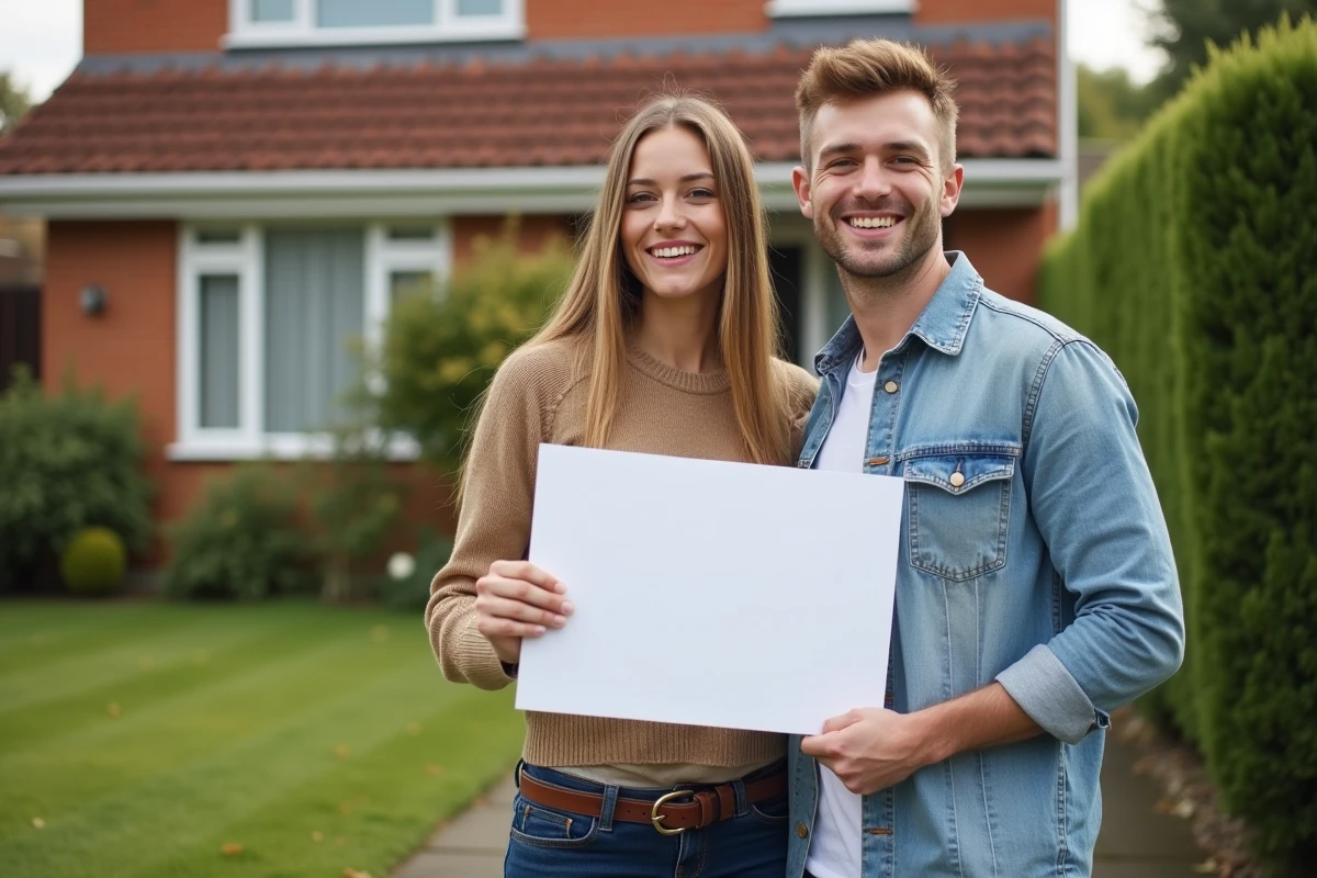 Jeune couple souriant devant leur maison avec panneau a vendre