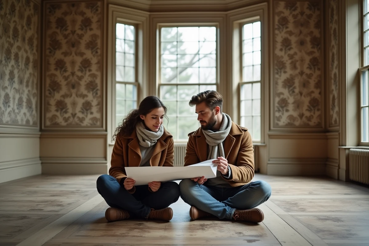 Jeune couple dans une salle de manoir en rénovation