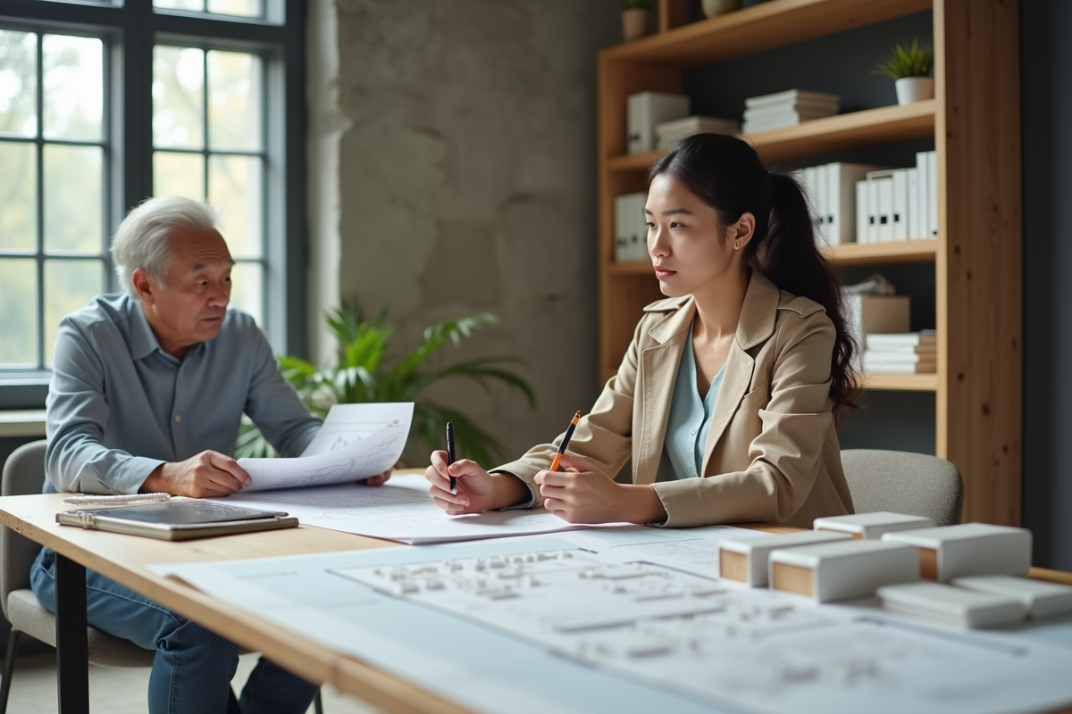Jeune étudiante en urbanisme examinant des documents en bureau